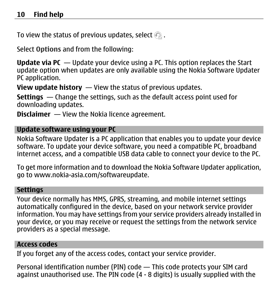 Update software using your pc, Settings, Access codes | Nokia 5250 User Manual | Page 10 / 156