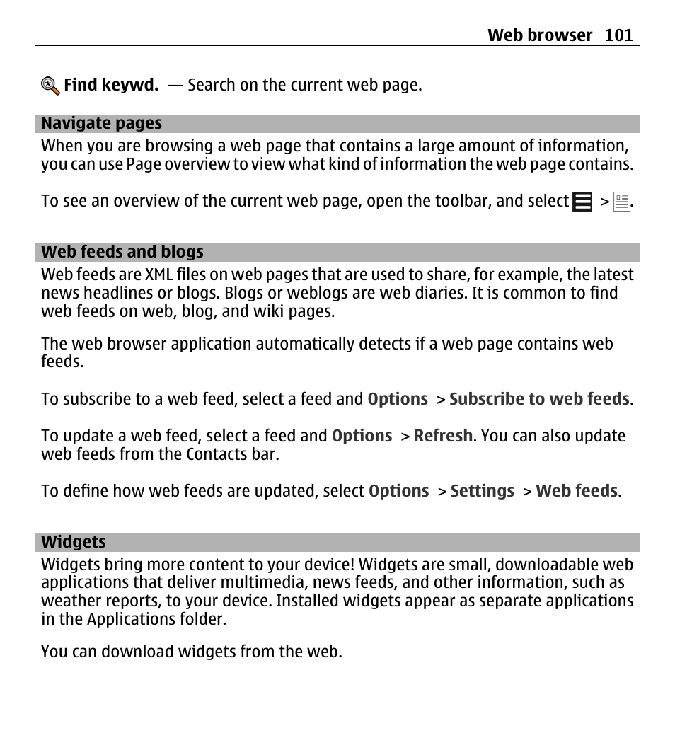 Web feeds and blogs, Widgets | Nokia 5250 User Manual | Page 101 / 156