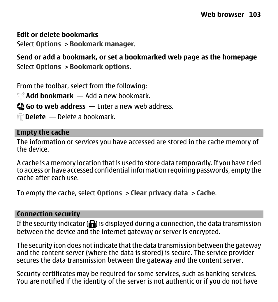 Empty the cache, Connection security | Nokia 5250 User Manual | Page 103 / 156