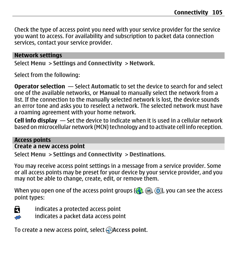 Network settings, Access points, Create a new access point | Nokia 5250 User Manual | Page 105 / 156