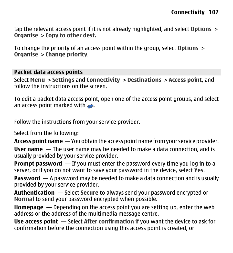 Packet data access points | Nokia 5250 User Manual | Page 107 / 156