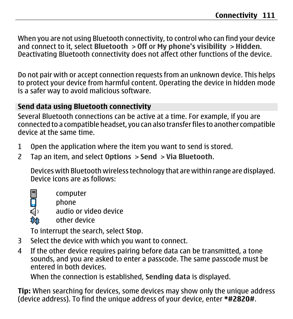 Send data using bluetooth connectivity | Nokia 5250 User Manual | Page 111 / 156