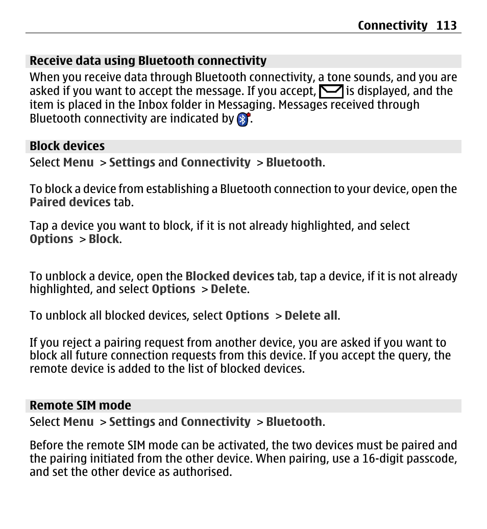 Receive data using bluetooth connectivity, Block devices, Remote sim mode | Nokia 5250 User Manual | Page 113 / 156