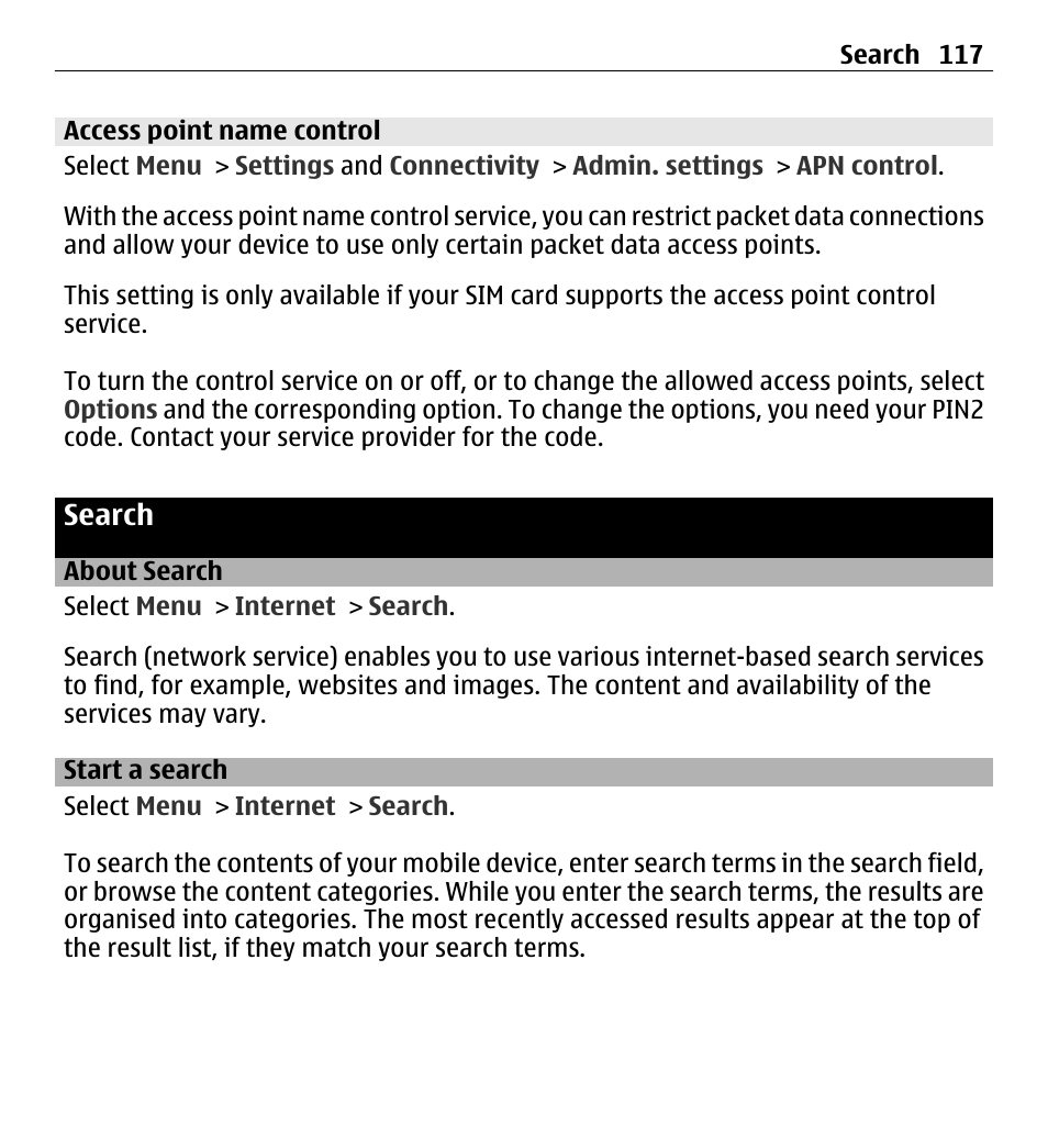 Access point name control, Search, About search | Start a search | Nokia 5250 User Manual | Page 117 / 156
