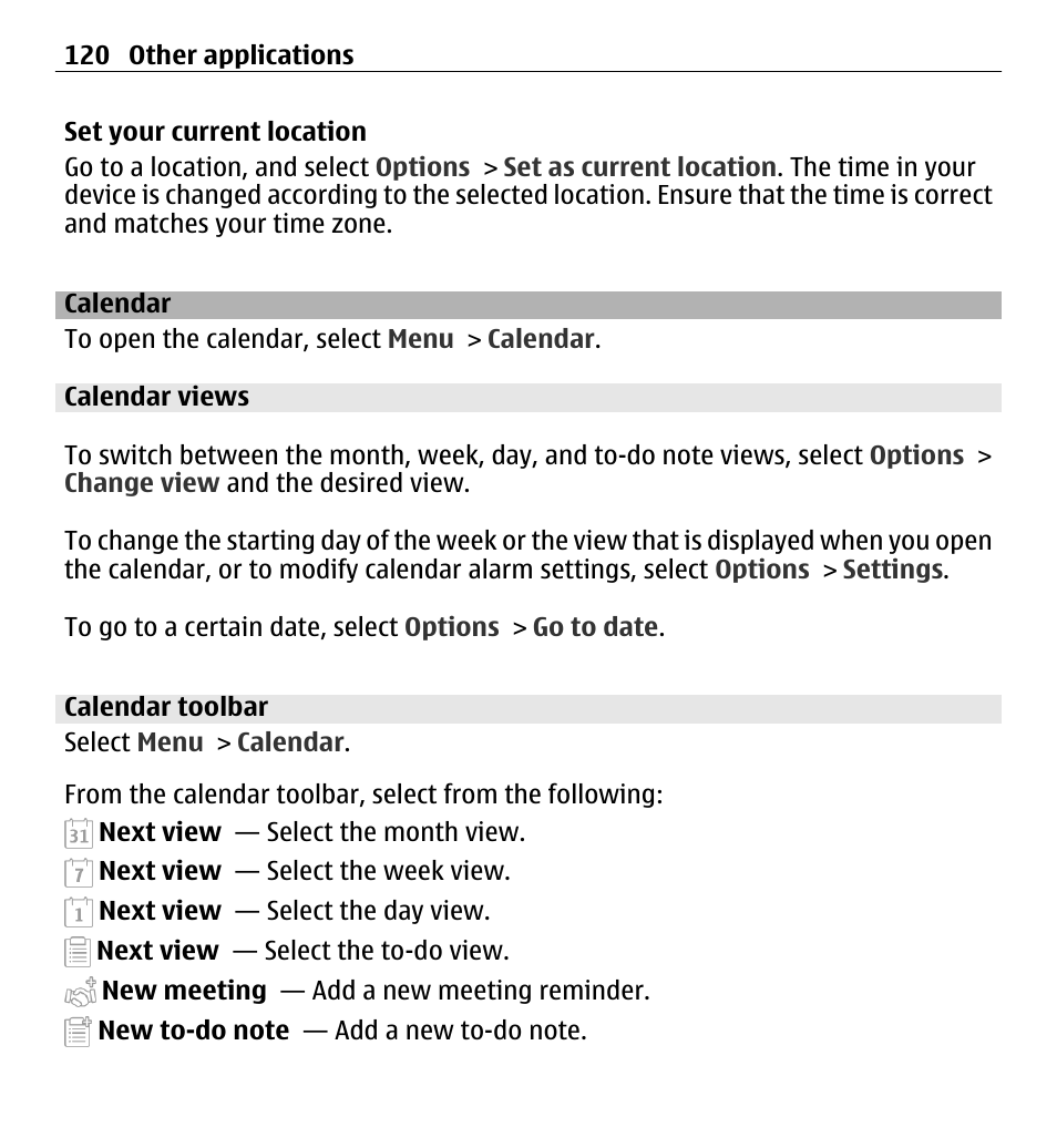 Calendar, Calendar views, Calendar toolbar | Nokia 5250 User Manual | Page 120 / 156