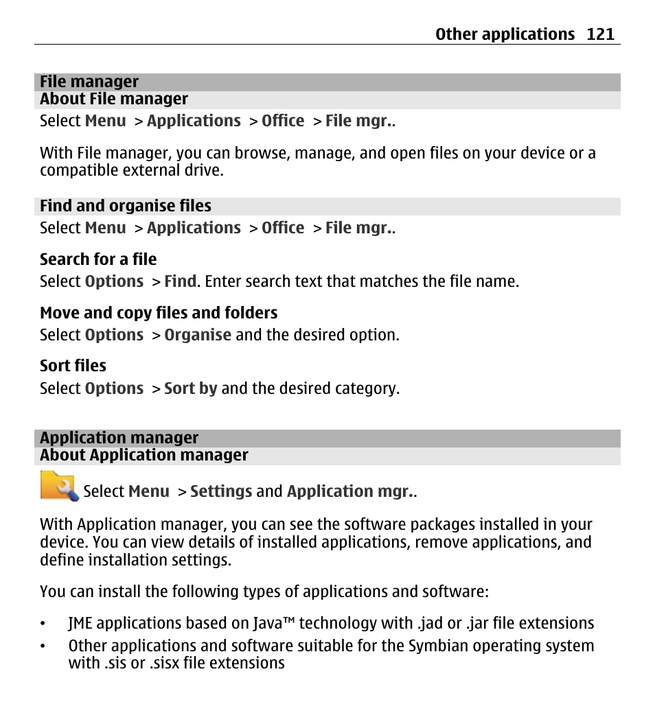 File manager, About file manager, Find and organise files | Application manager, About application manager | Nokia 5250 User Manual | Page 121 / 156