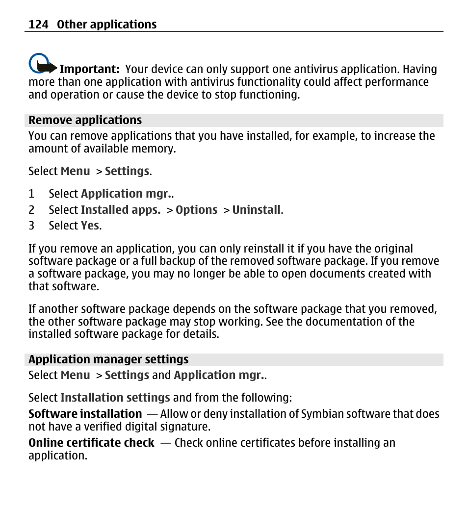 Remove applications, Application manager settings | Nokia 5250 User Manual | Page 124 / 156