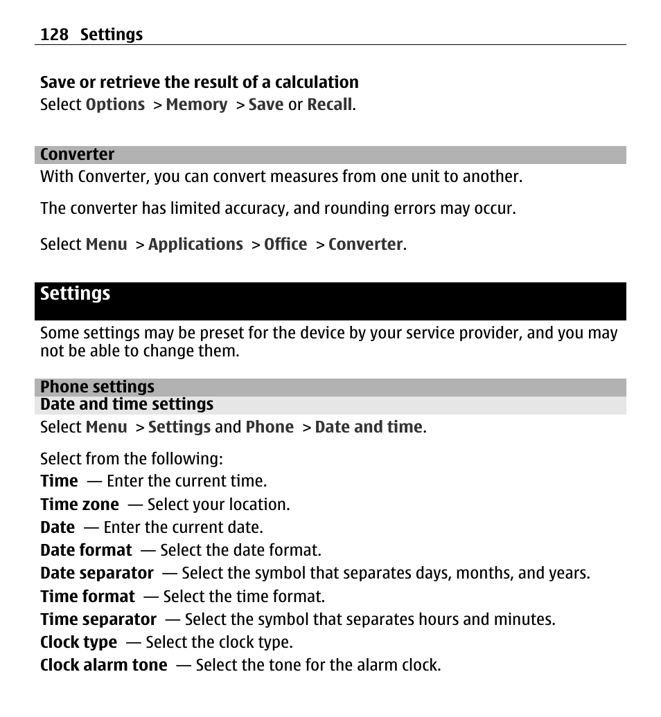 Converter, Settings, Phone settings | Date and time settings | Nokia 5250 User Manual | Page 128 / 156