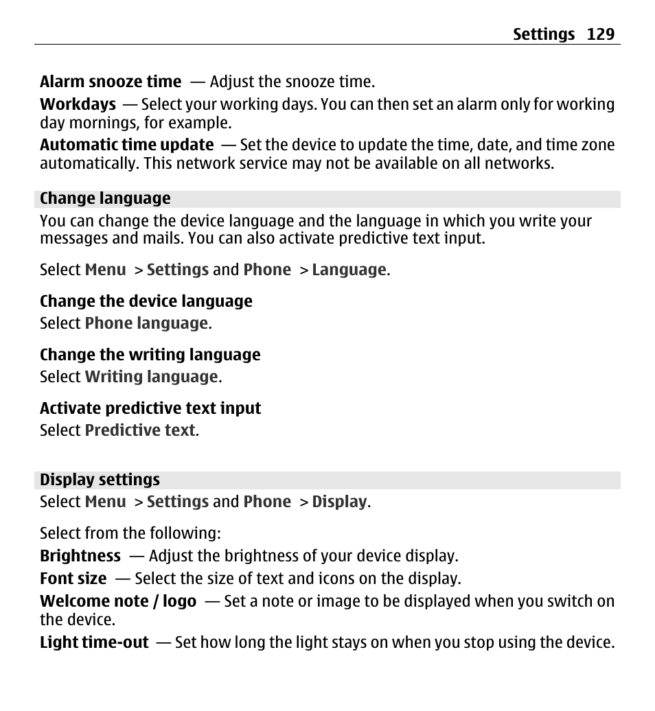 Change language, Display settings | Nokia 5250 User Manual | Page 129 / 156