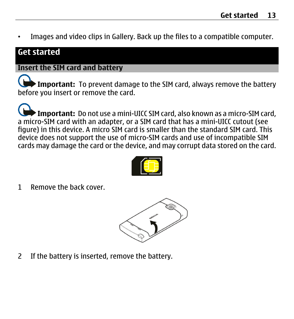 Get started, Insert the sim card and battery | Nokia 5250 User Manual | Page 13 / 156