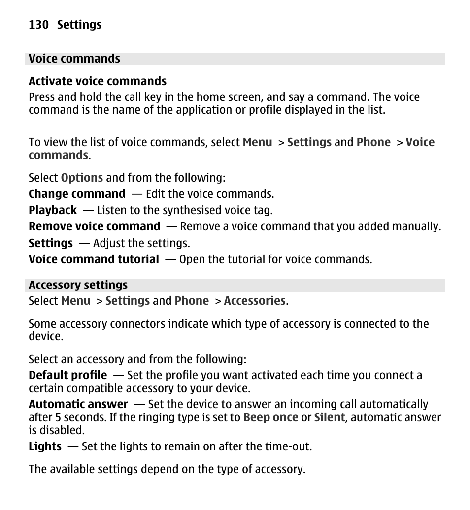 Voice commands, Accessory settings | Nokia 5250 User Manual | Page 130 / 156