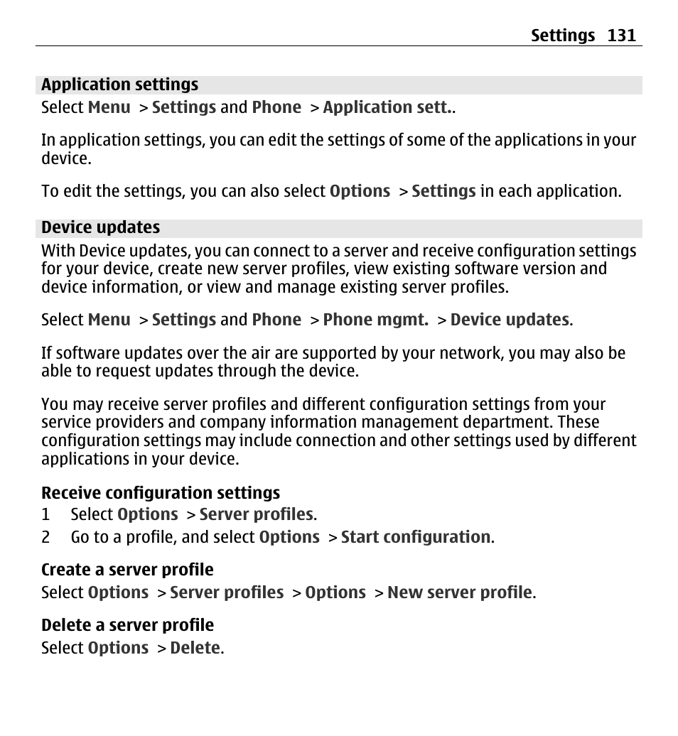 Application settings, Device updates | Nokia 5250 User Manual | Page 131 / 156