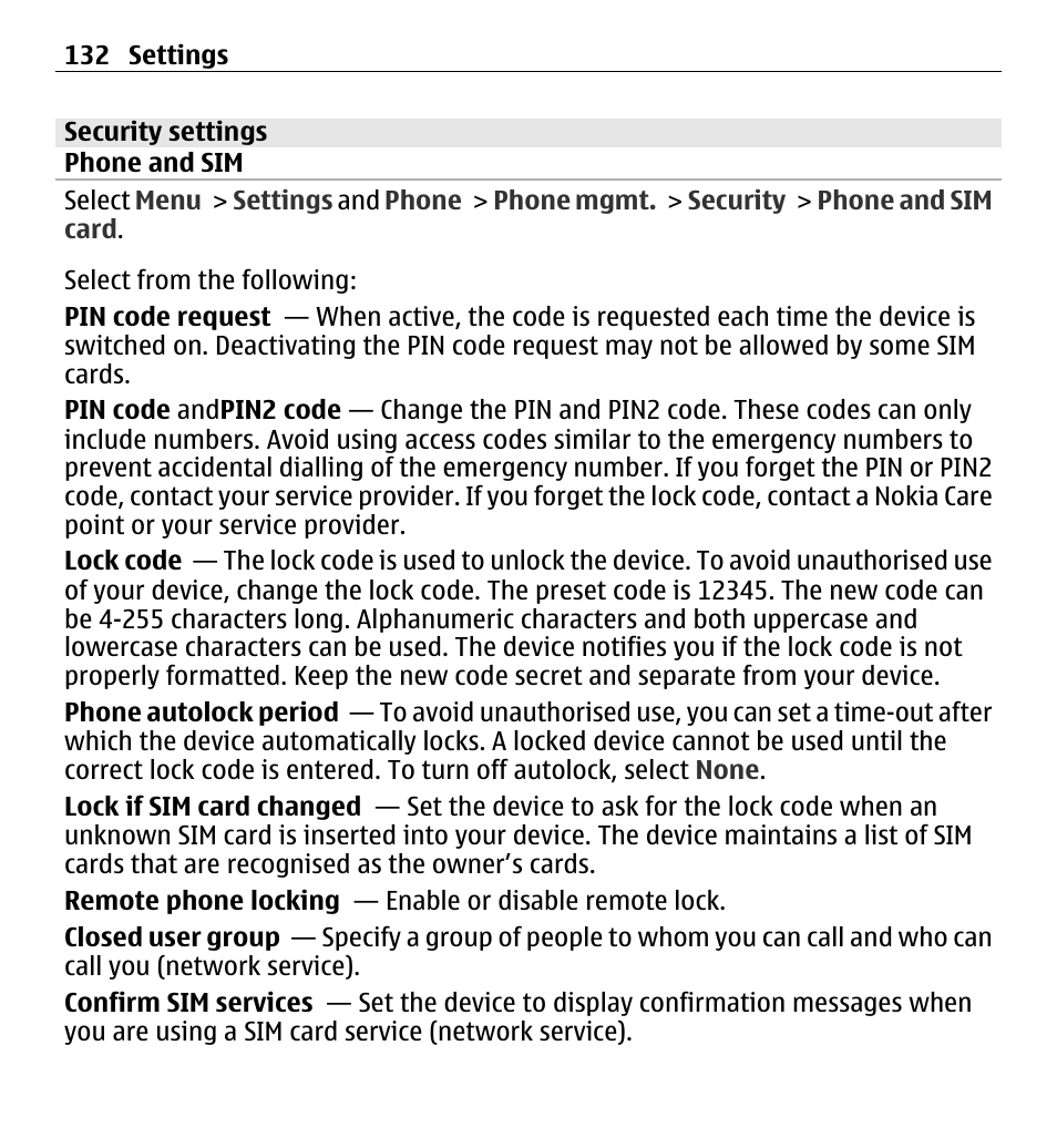 Security settings, Phone and sim | Nokia 5250 User Manual | Page 132 / 156