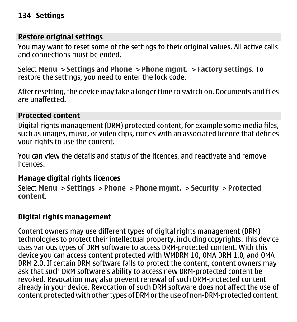 Restore original settings, Protected content | Nokia 5250 User Manual | Page 134 / 156