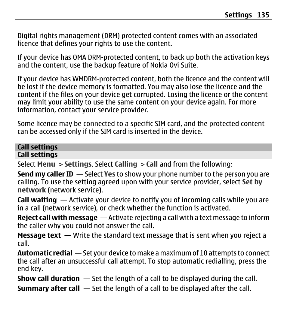 Call settings | Nokia 5250 User Manual | Page 135 / 156