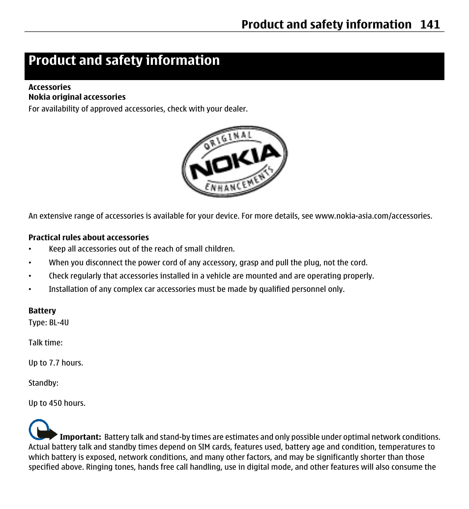 Product and safety information, Accessories, Nokia original accessories | Practical rules about accessories, Battery, Product and safety, Information, Product and safety information 141 | Nokia 5250 User Manual | Page 141 / 156