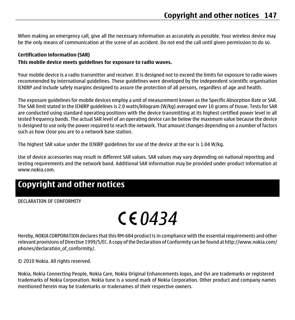 Certification information (sar), Copyright and other notices, Copyright and other notices 147 | Nokia 5250 User Manual | Page 147 / 156