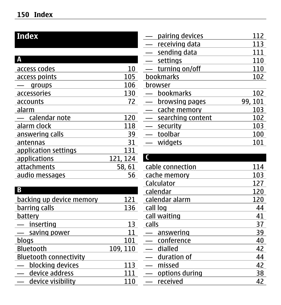 Index | Nokia 5250 User Manual | Page 150 / 156