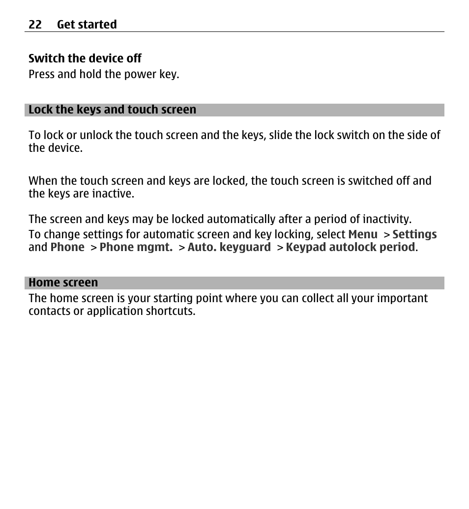 Lock the keys and touch screen, Home screen | Nokia 5250 User Manual | Page 22 / 156
