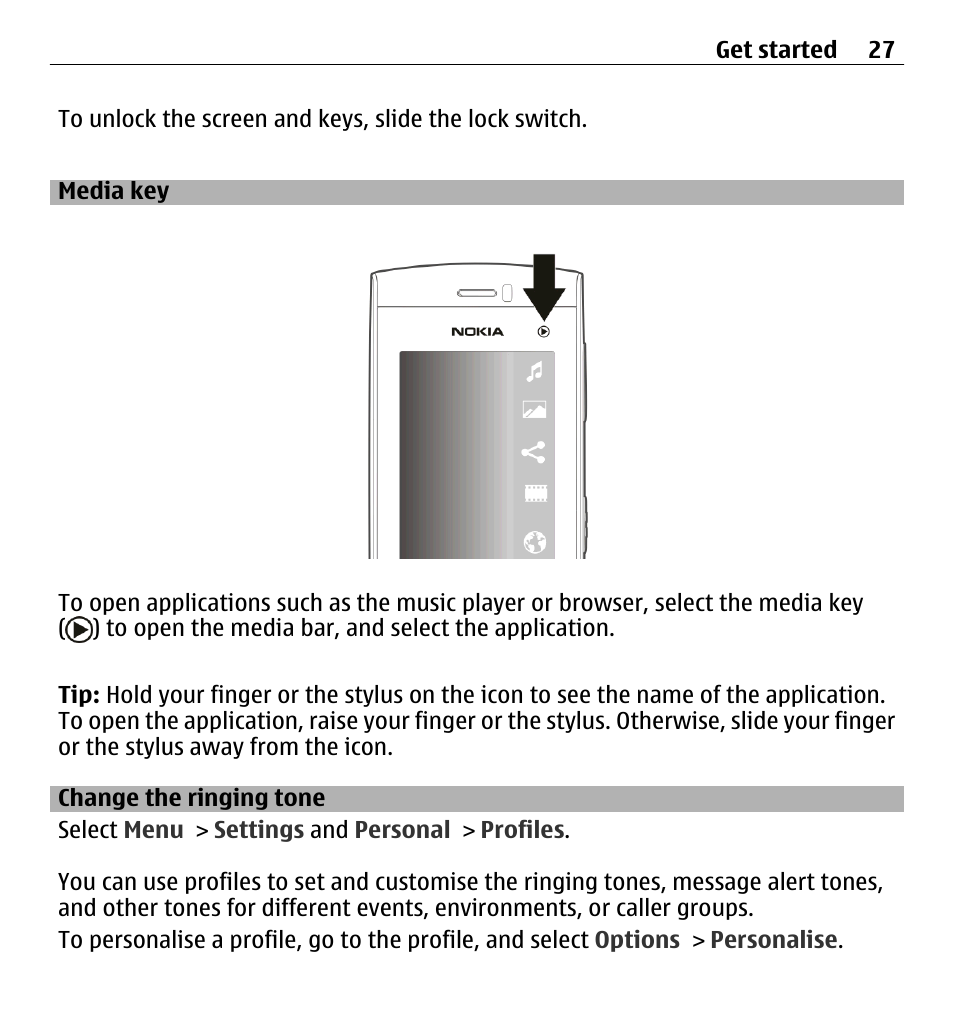 Media key, Change the ringing tone | Nokia 5250 User Manual | Page 27 / 156