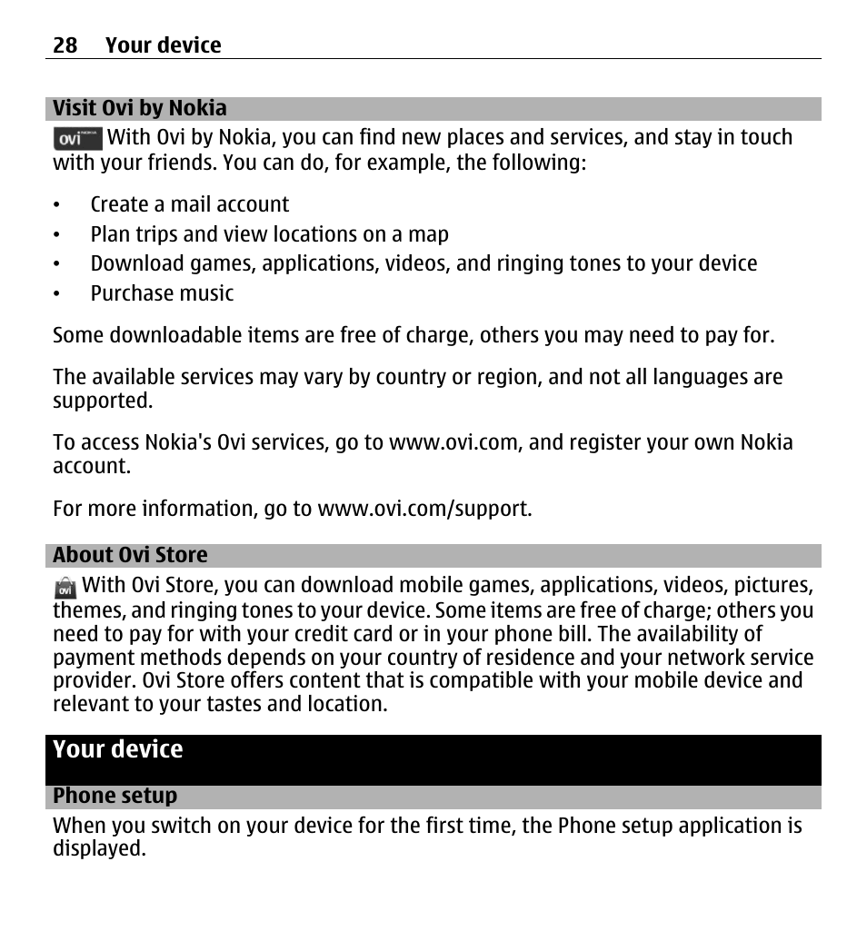 Visit ovi by nokia, About ovi store, Your device | Phone setup | Nokia 5250 User Manual | Page 28 / 156