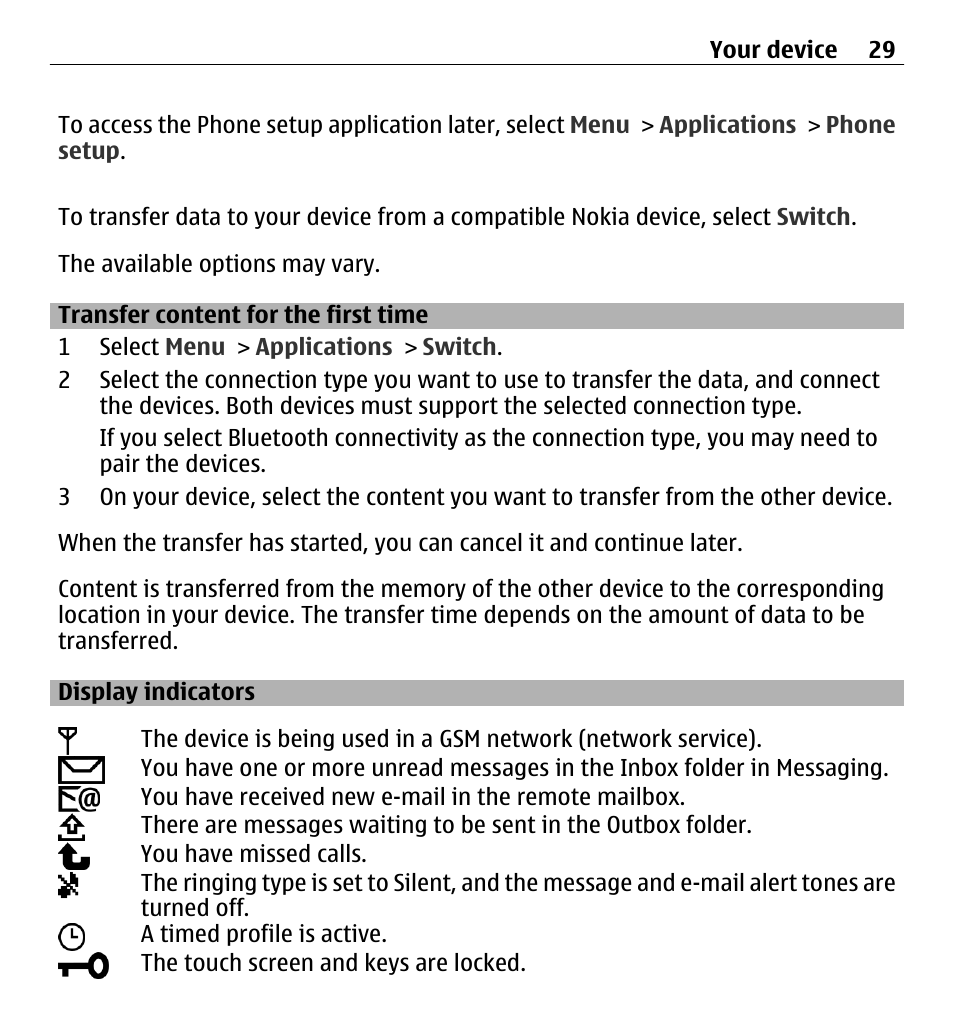 Transfer content for the first time, Display indicators, Transfer content for the first time 29 | Nokia 5250 User Manual | Page 29 / 156