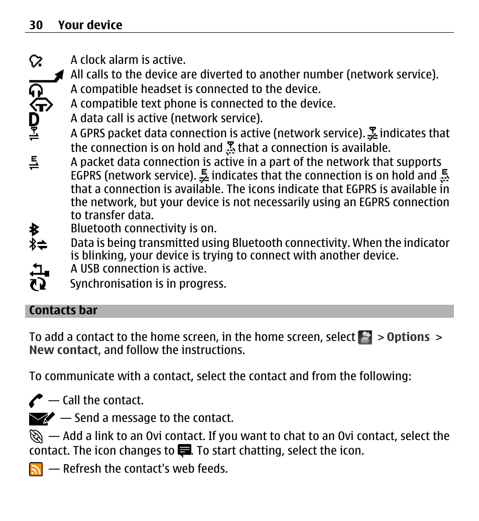 Contacts bar | Nokia 5250 User Manual | Page 30 / 156