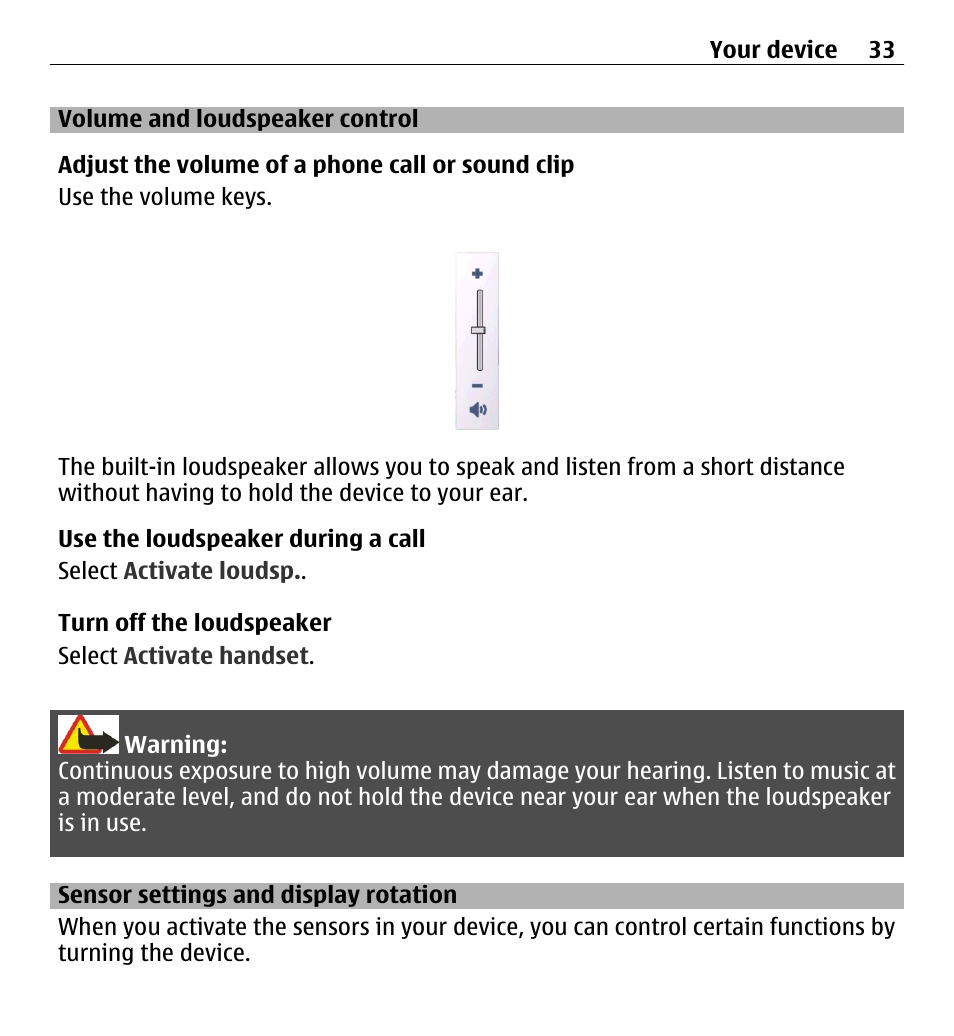 Volume and loudspeaker control, Sensor settings and display rotation, Sensor settings and display | Rotation | Nokia 5250 User Manual | Page 33 / 156