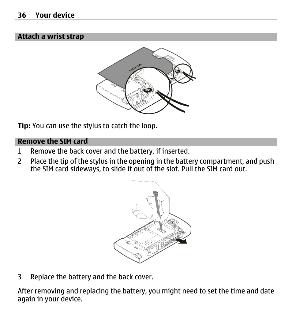 Attach a wrist strap, Remove the sim card | Nokia 5250 User Manual | Page 36 / 156