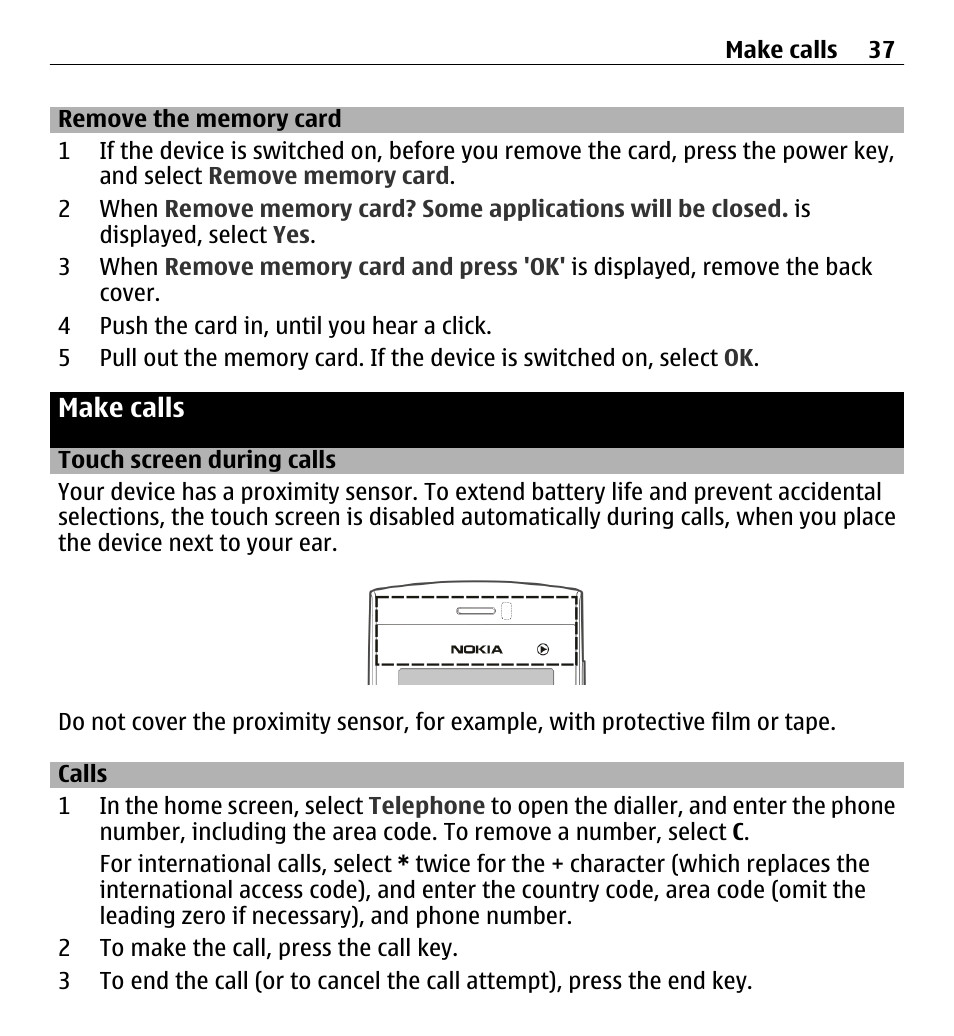 Remove the memory card, Make calls, Touch screen during calls | Calls, Calls 37 | Nokia 5250 User Manual | Page 37 / 156