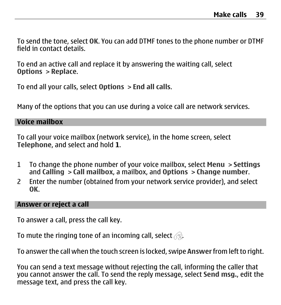 Voice mailbox, Answer or reject a call | Nokia 5250 User Manual | Page 39 / 156