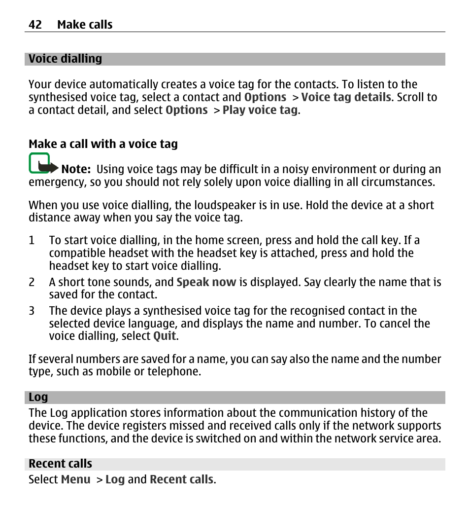 Voice dialling, Recent calls, Log 42 | Nokia 5250 User Manual | Page 42 / 156