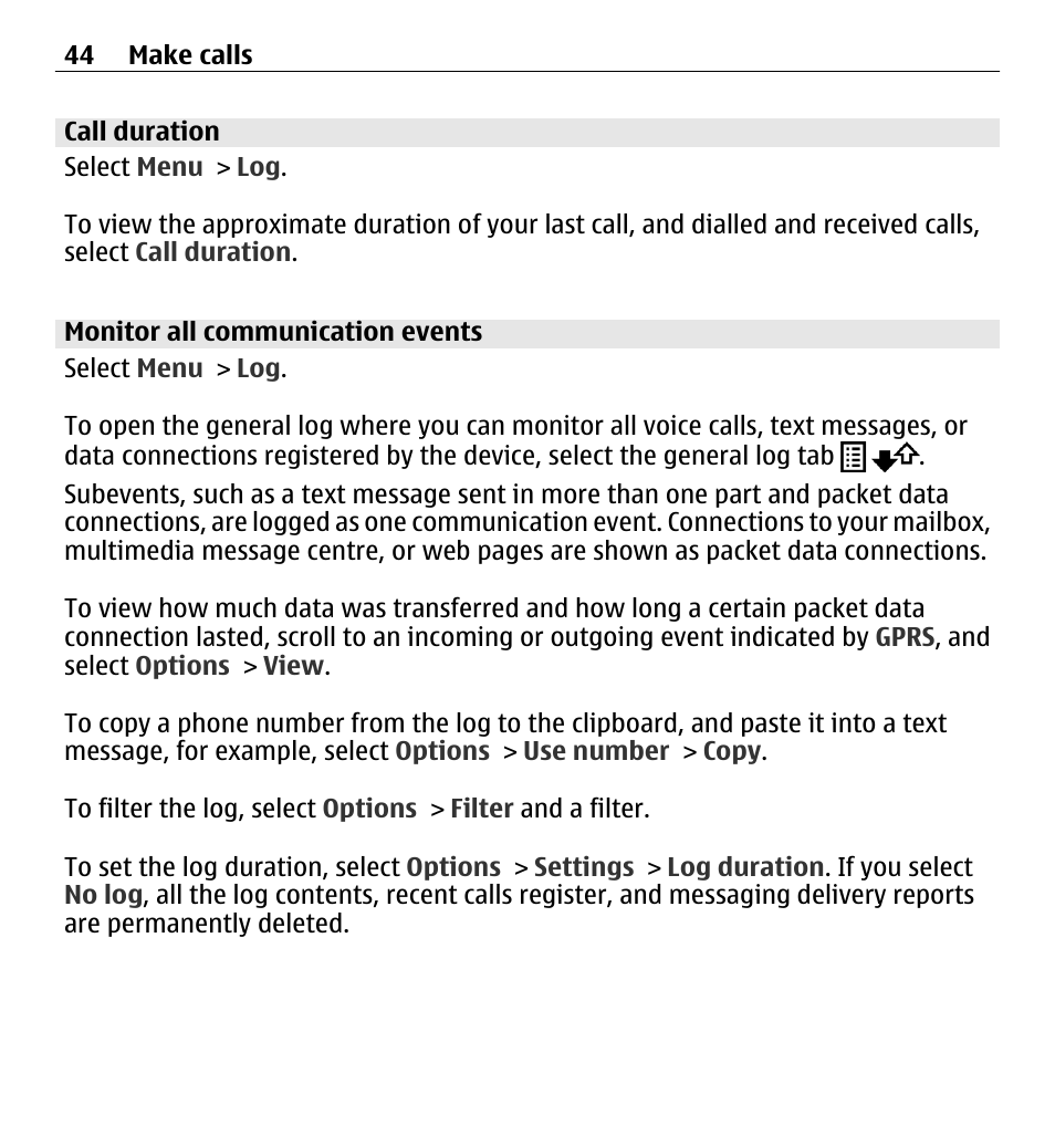 Call duration, Monitor all communication events | Nokia 5250 User Manual | Page 44 / 156