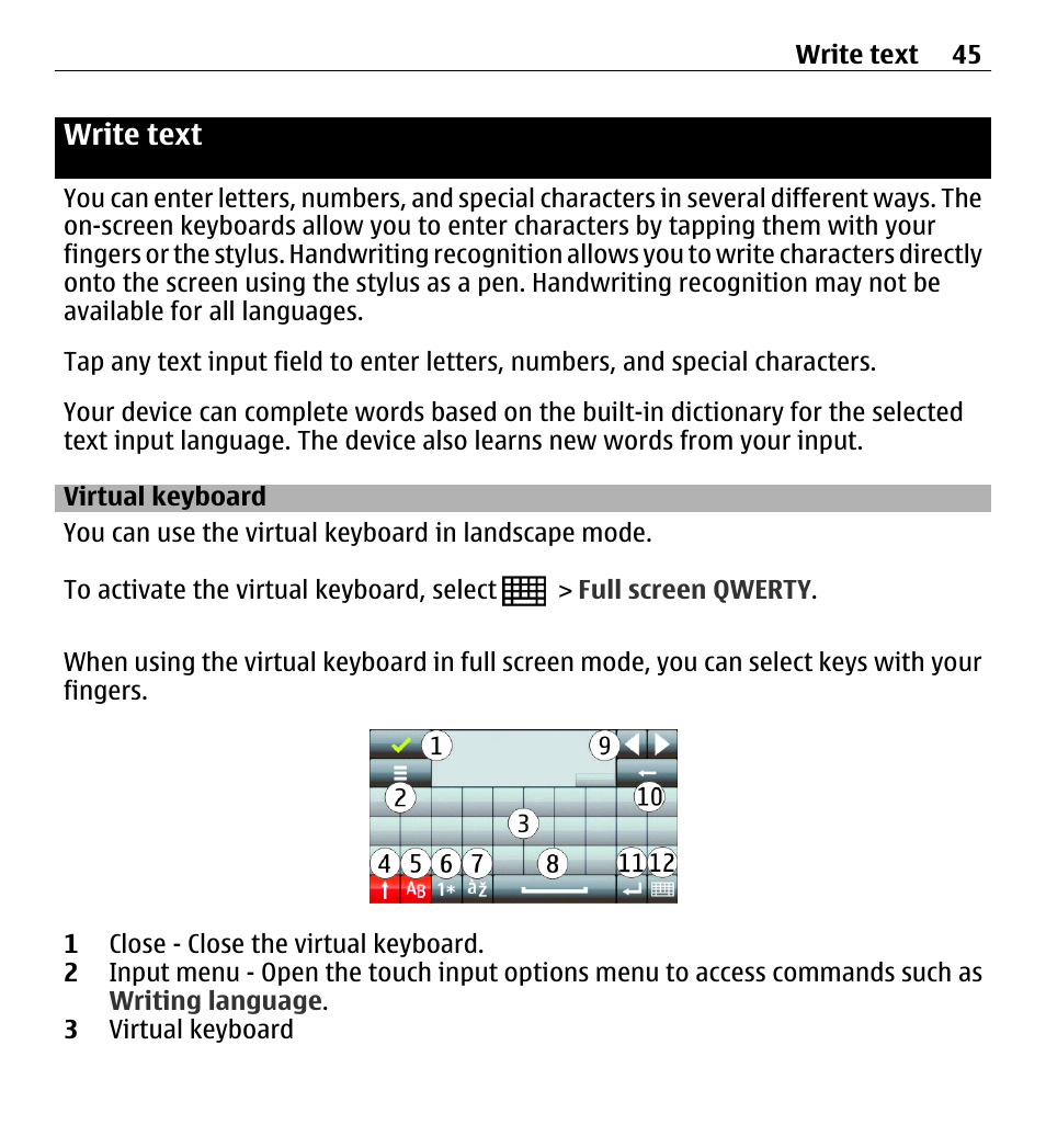 Write text, Virtual keyboard | Nokia 5250 User Manual | Page 45 / 156