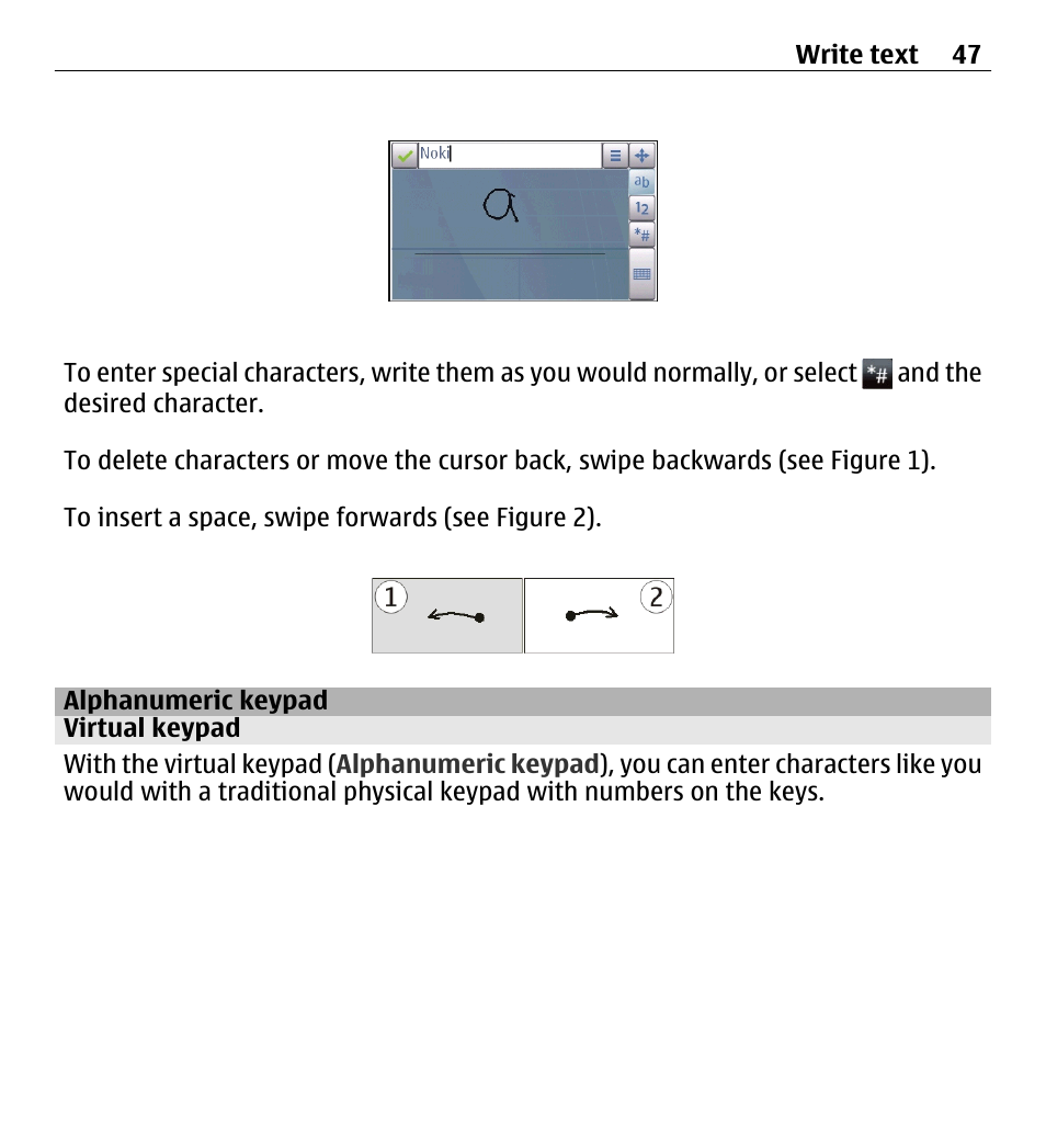 Alphanumeric keypad, Virtual keypad | Nokia 5250 User Manual | Page 47 / 156