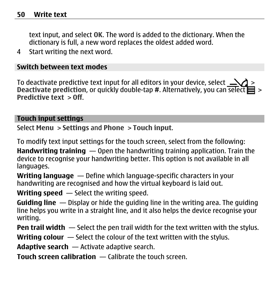 Switch between text modes, Touch input settings | Nokia 5250 User Manual | Page 50 / 156