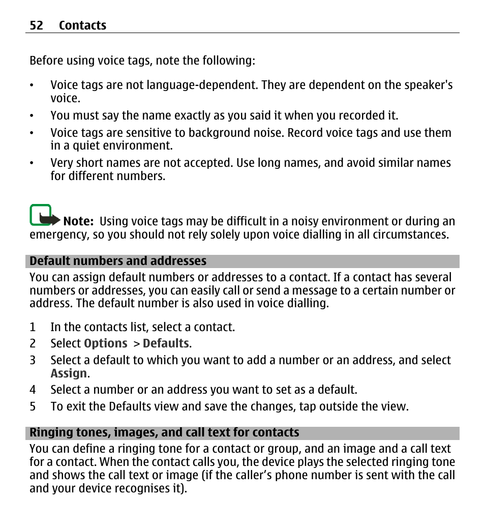 Default numbers and addresses, Ringing tones, images, and call text for contacts, Ringing tones, images, and call text | For contacts | Nokia 5250 User Manual | Page 52 / 156