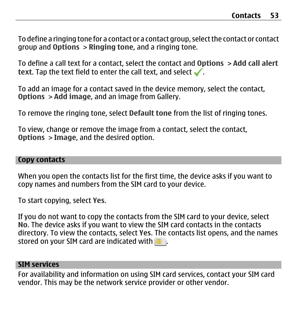 Copy contacts, Sim services | Nokia 5250 User Manual | Page 53 / 156