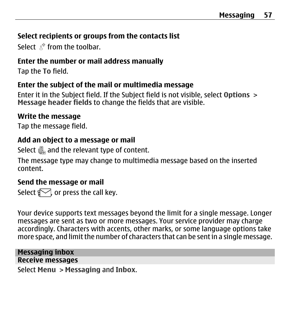 Messaging inbox, Receive messages | Nokia 5250 User Manual | Page 57 / 156