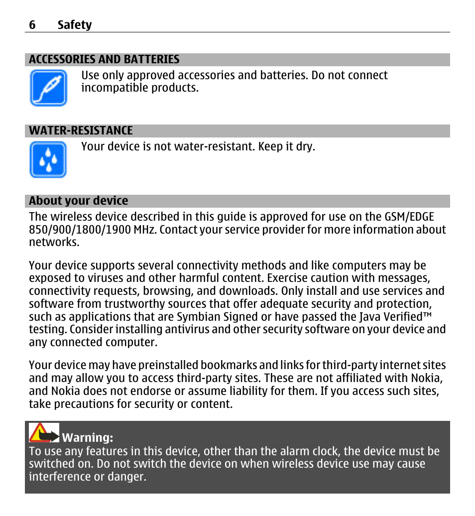 Accessories and batteries, Water-resistance, About your device | Nokia 5250 User Manual | Page 6 / 156
