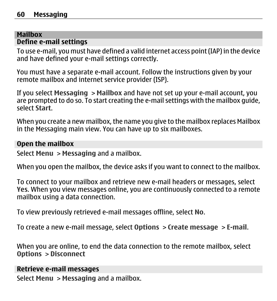 Mailbox, Define e-mail settings, Open the mailbox | Retrieve e-mail messages | Nokia 5250 User Manual | Page 60 / 156