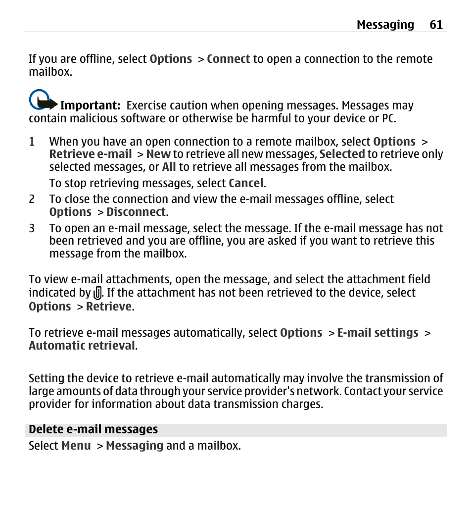 Delete e-mail messages | Nokia 5250 User Manual | Page 61 / 156
