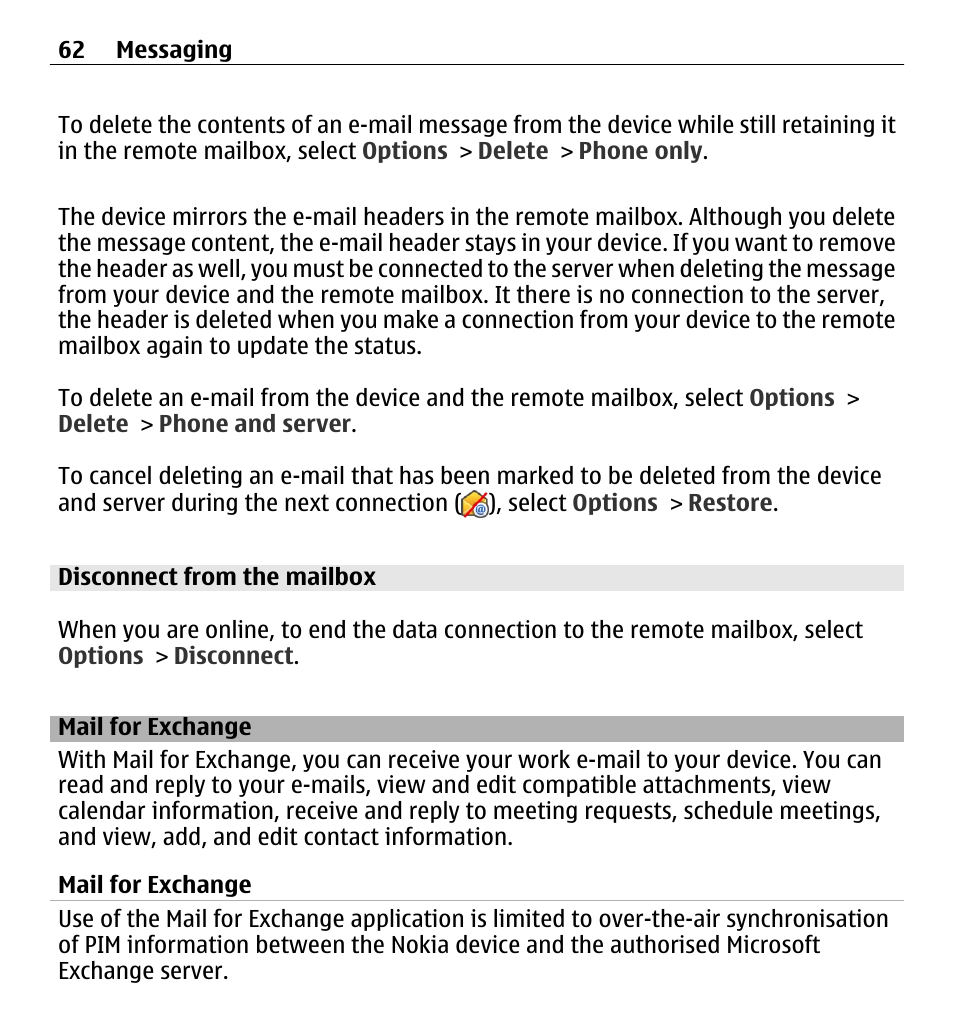 Disconnect from the mailbox, Mail for exchange | Nokia 5250 User Manual | Page 62 / 156