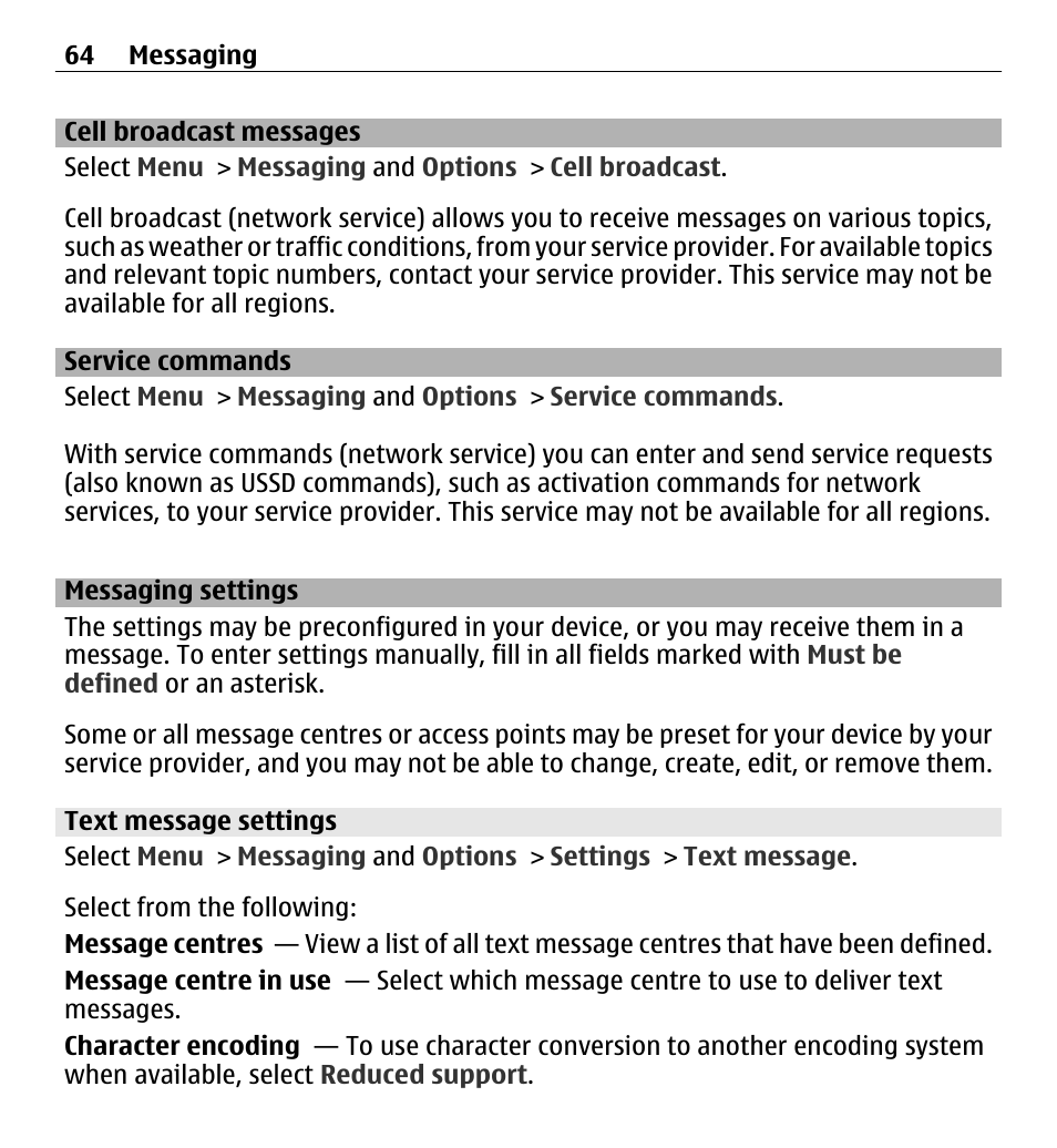 Cell broadcast messages, Service commands, Messaging settings | Text message settings | Nokia 5250 User Manual | Page 64 / 156