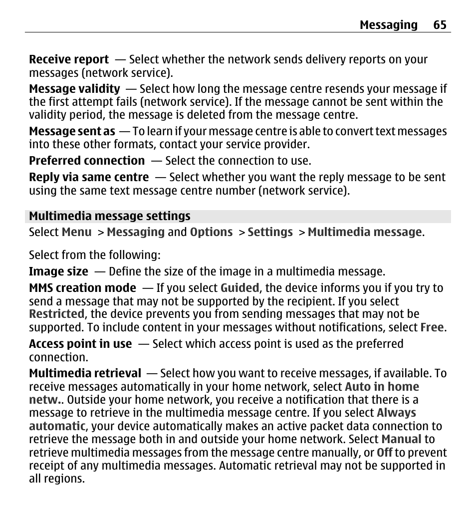 Multimedia message settings | Nokia 5250 User Manual | Page 65 / 156
