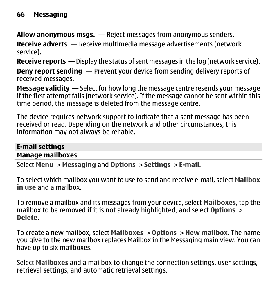 E-mail settings, Manage mailboxes | Nokia 5250 User Manual | Page 66 / 156