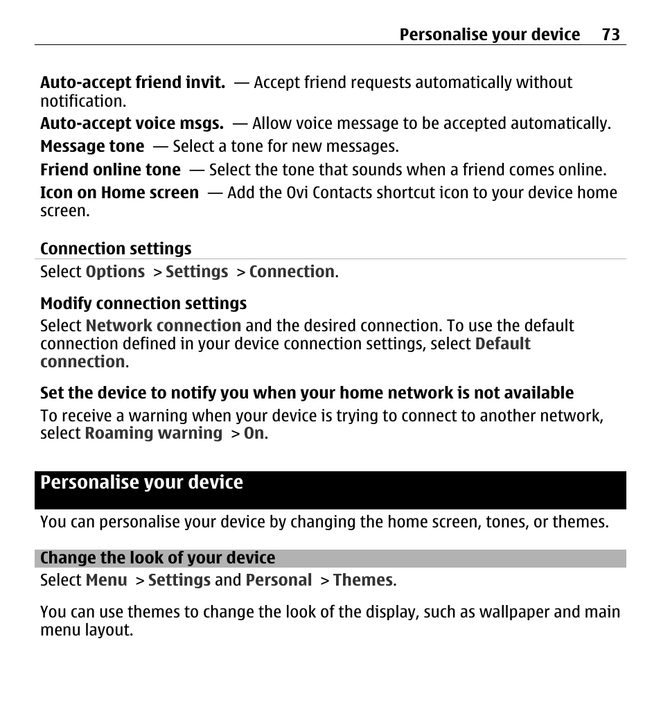 Connection settings, Personalise your device, Change the look of your device | Nokia 5250 User Manual | Page 73 / 156