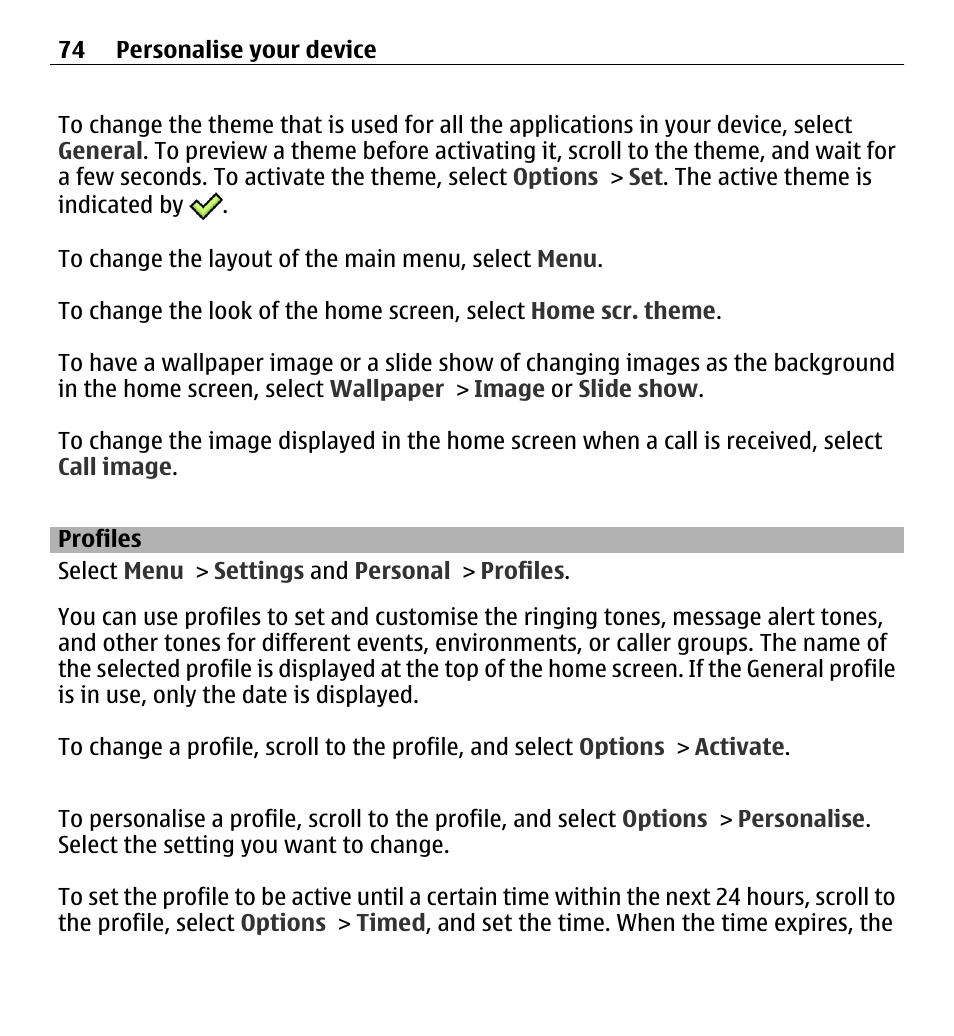 Profiles | Nokia 5250 User Manual | Page 74 / 156