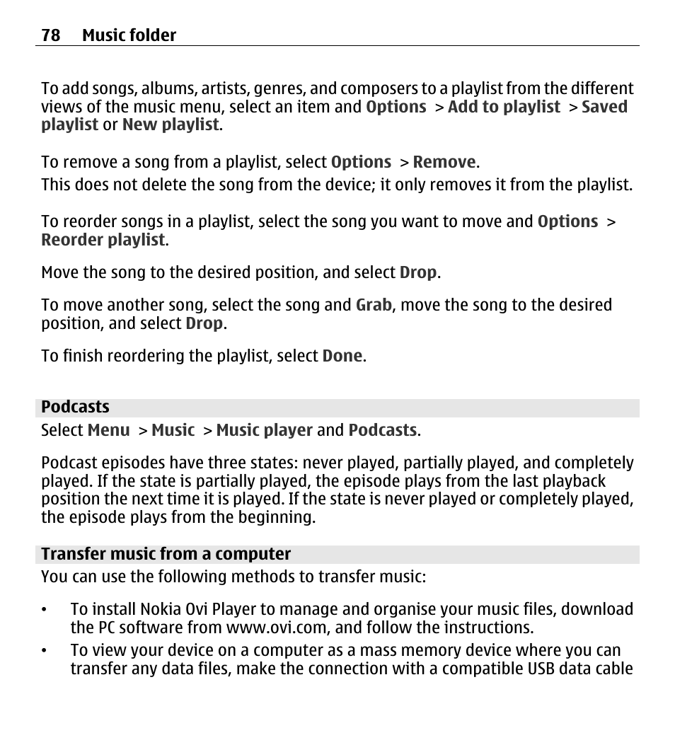 Podcasts, Transfer music from a computer | Nokia 5250 User Manual | Page 78 / 156
