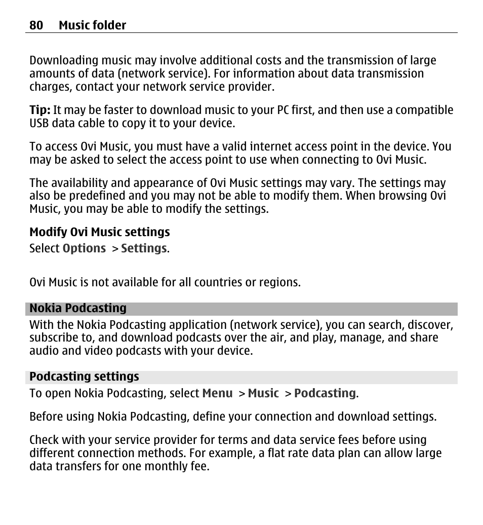 Nokia podcasting, Podcasting settings | Nokia 5250 User Manual | Page 80 / 156